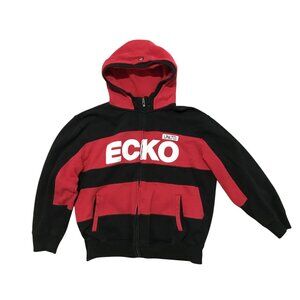 VTG ECKO Mens Full Zip Hoodie Y2K Black & Red Thick Cotton Size XL